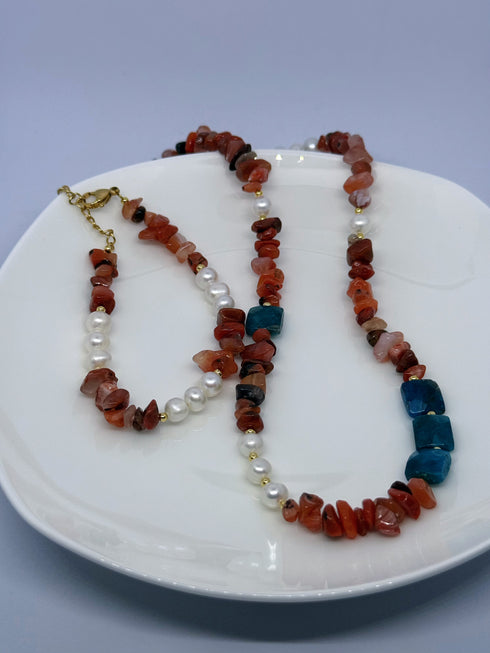 Orange & Blue Gemstone Pearl Necklace